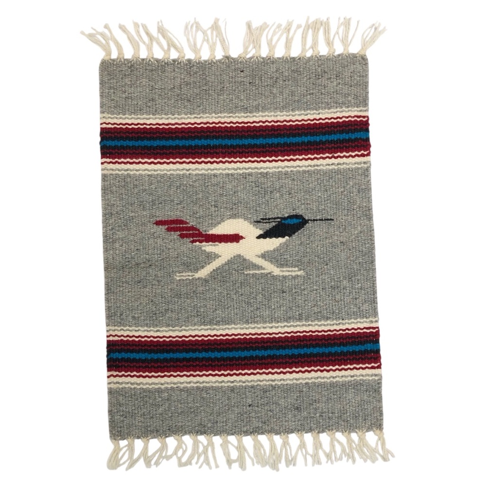 Wool Woven Table Rug Gray Red Blue Roadrunner Southwestern Western